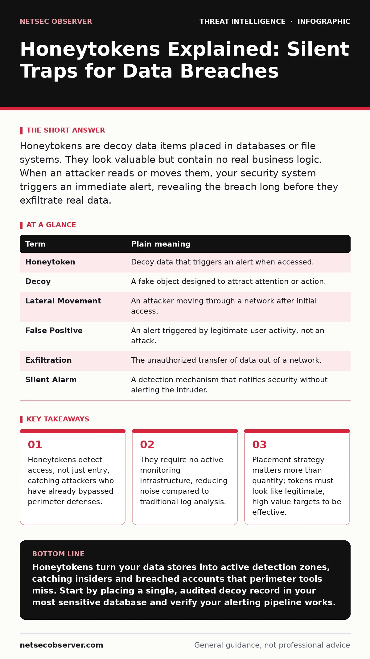 Infographic: Honeytokens Explained: Silent Traps for Data Breaches. Honeytokens detect access, not just entry, catching attackers who have already bypassed perimeter defenses. They require no active monitoring infrastructure, reducing noise compared to traditional log analysis. Placement strategy ma
