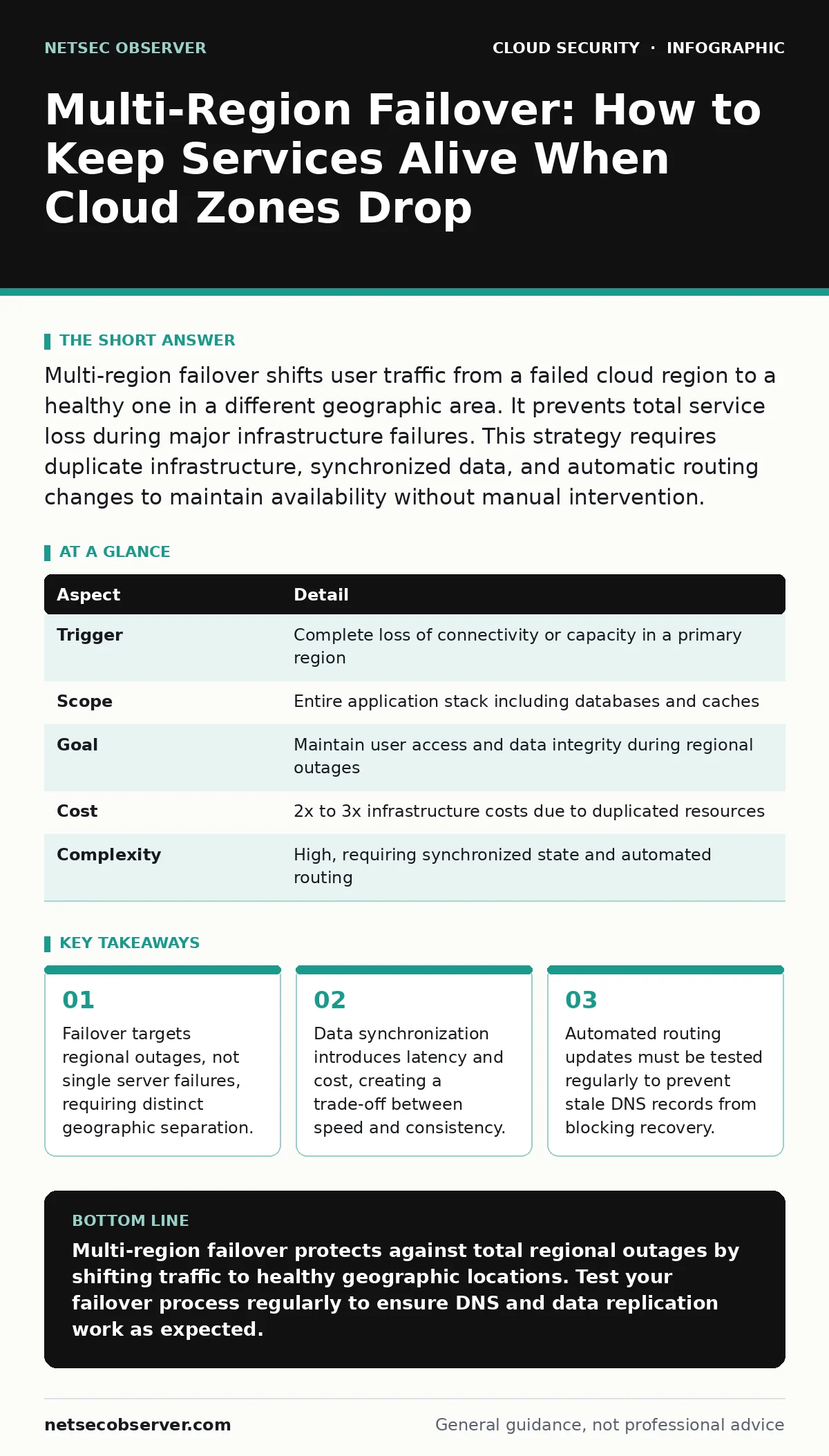 Infographic: Multi-Region Failover: How to Keep Services Alive When Cloud Zones Drop. Failover targets regional outages, not single server failures, requiring distinct geographic separation. Data synchronization introduces latency and cost, creating a trade-off between speed and consistency. Automat