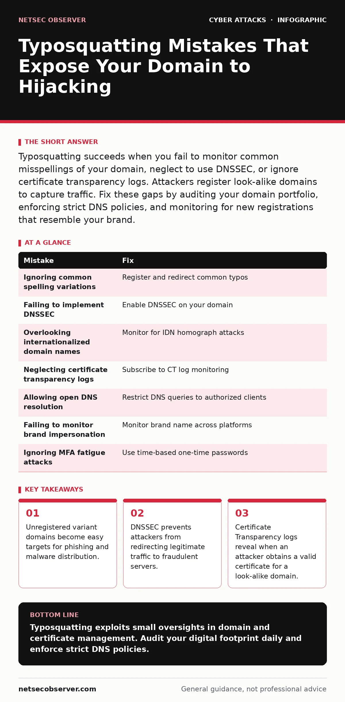 Infographic: Typosquatting Mistakes That Expose Your Domain to Hijacking. Unregistered variant domains become easy targets for phishing and malware distribution. DNSSEC prevents attackers from redirecting legitimate traffic to fraudulent servers. Certificate Transparency logs reveal when an attacker